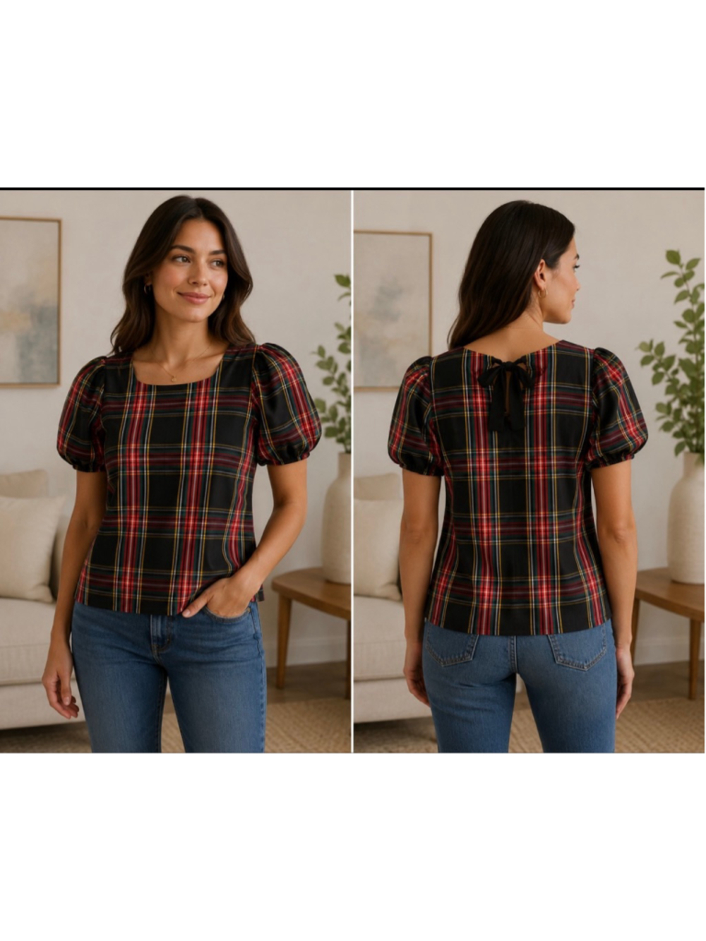 Women's J.Crew Plaid Puff Sleeve Blouse XS Black Red
